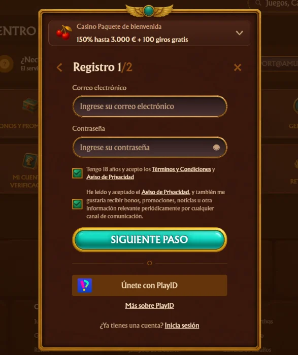 Registro y acceso en Amunra Casino